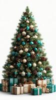 Festive Christmas Tree with Turquoise and Gold Ornaments Surrounded by Wrapped Gifts photo