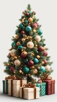 Christmas tree adorned with colorful ornaments and wrapped gifts at a festive setting photo