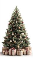 Christmas tree adorned with decorations and surrounded by wrapped gifts creates a festive atmosphere photo