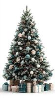 Decorated Christmas tree with blue and silver ornaments and wrapped presents underneath in a bright setting photo