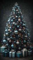 Stunning blue and silver Christmas tree adorned with decorations and presents beneath it photo