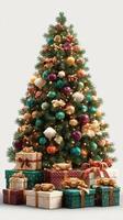 Beautifully decorated Christmas tree with an array of colorful ornaments and neatly wrapped gifts beneath it photo