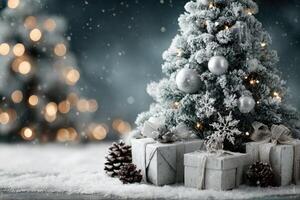 Winter wonderland featuring a snow-covered Christmas tree adorned with ornaments and gifts in a cozy setting photo