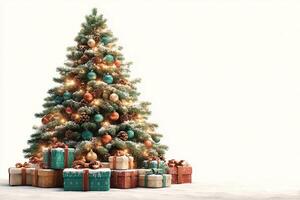Christmas tree adorned with ornaments and gifts in a festive setting during the holiday season photo