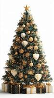 Elegant Christmas tree adorned with gold decorations and gifts arranged below during the holiday season photo