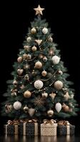 Elegant Christmas tree adorned with gold ornaments and wrapped gifts under a dark background photo