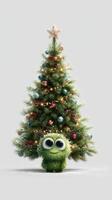 Colorful Christmas tree with decorations and a cute green character at the base during the holiday season photo