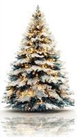 Festive Christmas tree decorated with lights and snow, creating a warm holiday atmosphere in a cozy setting photo