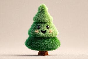 Cute cartoon tree character with smiling face and fluffy texture in a light background setting photo