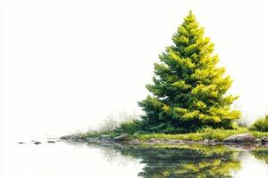 Bright green pine tree reflected in calm water at serene lakeside during early morning hours photo