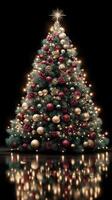 Beautifully decorated Christmas tree with colorful ornaments and glowing lights at night photo