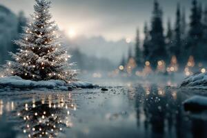 Snowy winter landscape with a decorated Christmas tree reflecting in a tranquil pond at dusk photo