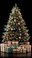 Beautifully decorated Christmas tree with colorful ornaments and wrapped gifts under warm lights photo