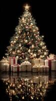 Christmas tree adorned with ornaments and gifts illuminated by warm lights in a festive setting photo