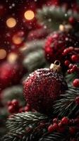 Sparkling red ornaments adorn a festive Christmas tree with snowflakes and warm lights in a cozy holiday atmosphere photo
