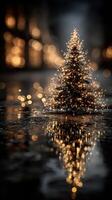 Sparkling Christmas tree with lights reflecting in water during evening festivities in a festive cityscape photo