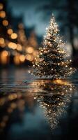 Twinkling Christmas tree illuminated at dusk beside shimmering pavement in festive city atmosphere photo