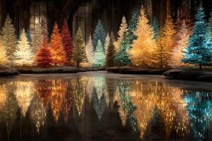 Colorful illuminated trees reflect on water in a serene winter setting during nighttime photo
