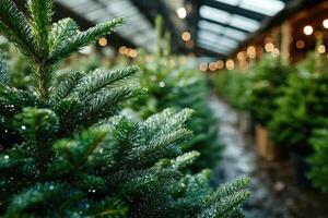 Beautiful green Christmas trees for sale in a festive market setting with warm lights in the background photo