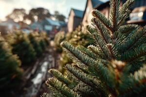 Fresh evergreen trees ready for holiday decoration in a festive setting during late afternoon light photo