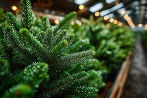 Lush green conifer trees in a cozy greenhouse setting during the holiday season photo