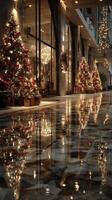 Holiday decorations illuminate a festive corridor lined with Christmas trees and sparkling lights in a modern urban setting photo