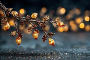 Warm golden lights adorn a decorative branch set against a soft blurred background photo