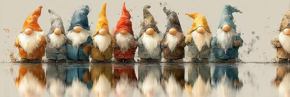 Colorful garden gnomes standing in a line by a reflective water surface on a serene afternoon photo