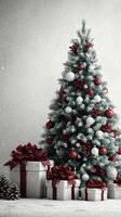 Christmas tree adorned with red and white ornaments surrounded by beautifully wrapped presents in a cozy setting photo