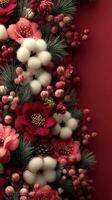 Stunning floral arrangement with red flowers and greenery against a deep red background for seasonal decor photo