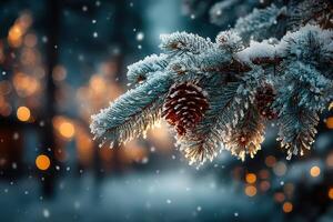 Snow-covered pine branches with pine cones create a winter wonderland atmosphere in a tranquil snowy forest during dusk photo