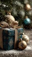Decorative holiday gift box surrounded by ornaments and snowflakes in a cozy setting during winter celebration photo