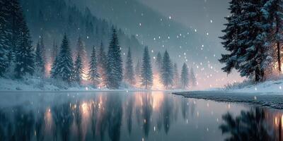 Winter landscape with snowflakes falling over a tranquil river and illuminated trees at dusk photo