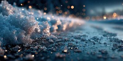Winter evening streets covered in fresh snow and melting ice creating a shimmering effect in the light photo