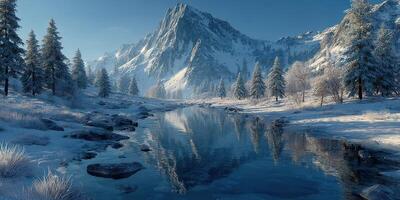 Majestic snowy mountain landscape with a serene river reflecting the winter sky at dawn photo
