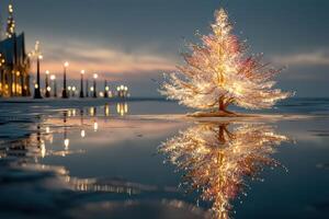 Winter evening captures serene reflection of a glowing Christmas tree beside a peaceful waterfront promenade photo
