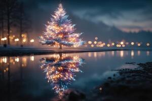 Sparkling Christmas tree illuminated at twilight reflecting in nearby water photo