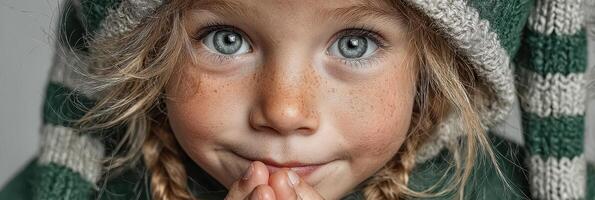 Child smiles warmly while wearing a cozy green hat and sweater with stripes during a chilly indoor day photo
