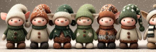 Cute festive dolls wearing knitted hats and scarves arranged in a row on a winter backdrop photo