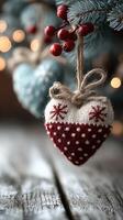 Festive heart-shaped ornaments hanging on a Christmas tree adorned with soft lights and seasonal decorations photo