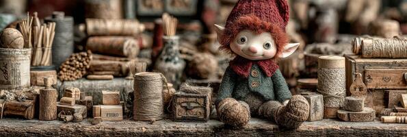 Colorful handcrafted doll in a workshop surrounded by wooden blocks and tools during daylight photo