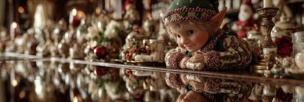 Colorful elf doll gazing over a festive holiday display in a vintage setting during the evening photo