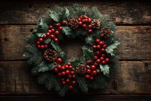 Festive holiday wreath with red berries and pinecones on rustic wooden background photo