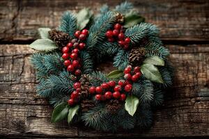 Decorative holiday wreath made of pine branches, red berries, and pinecones on rustic wooden table photo