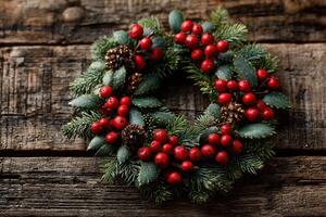 Festive Christmas wreath adorned with red berries and pinecones on rustic wooden background photo