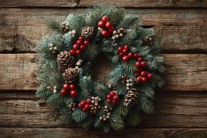 Festive green wreath adorned with red berries and pine cones displayed on rustic wooden background photo