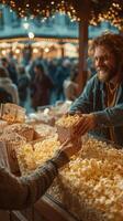 Man serving popcorn at a bustling outdoor market during the evening hours with festive lights photo