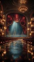 Elegant theater interior with lavish decor and reflections in water during a festive evening photo