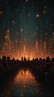 Admiring a stunning holiday performance with sparkling lights and festive decorations at a theater in the evening photo