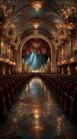 Elegant theater interior adorned with holiday decorations during a festive event in a grand setting photo